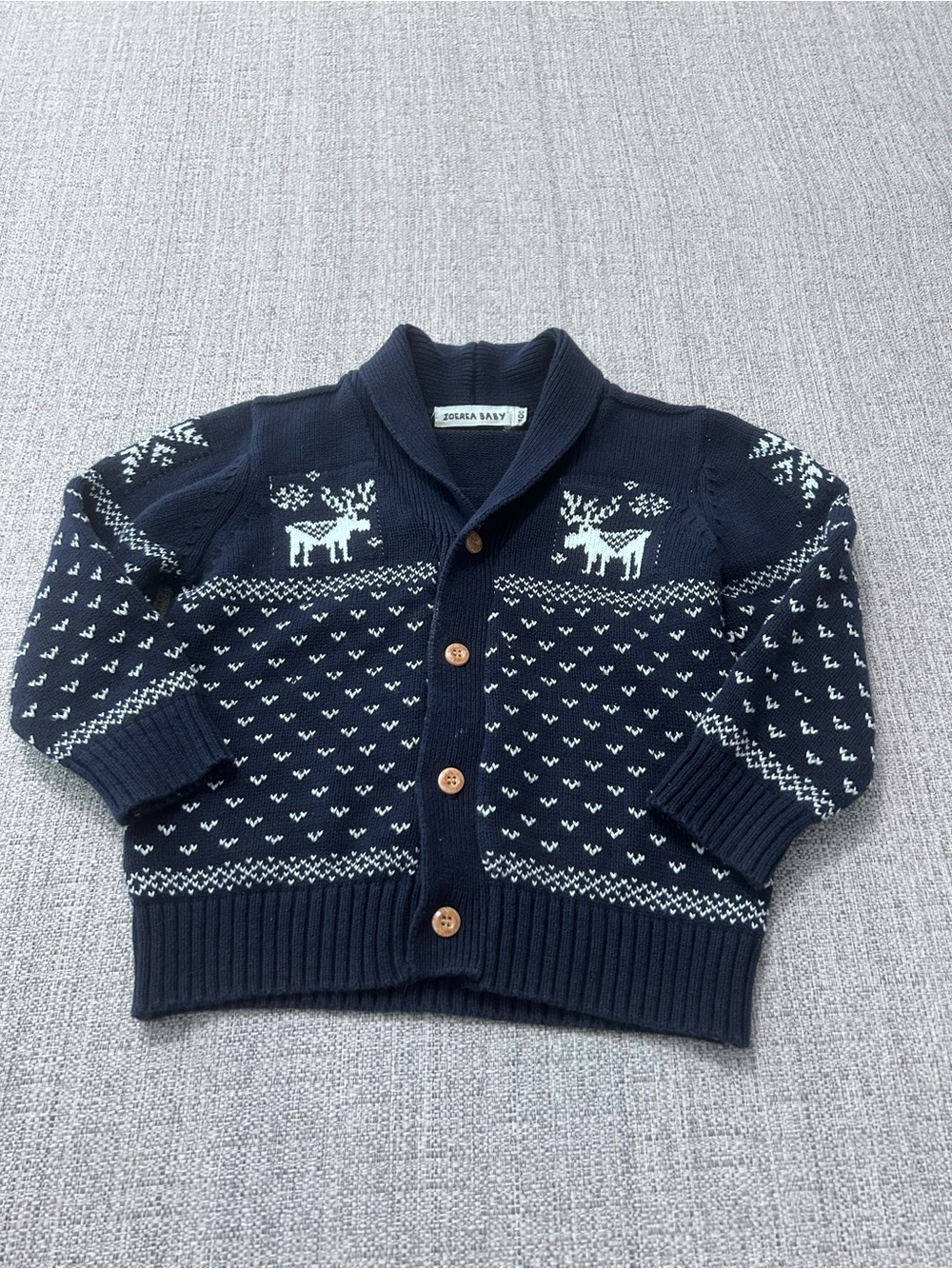 ZoeRae Baby Navy Shawl Collar Cardigan with White Reindeer SZ 4/5